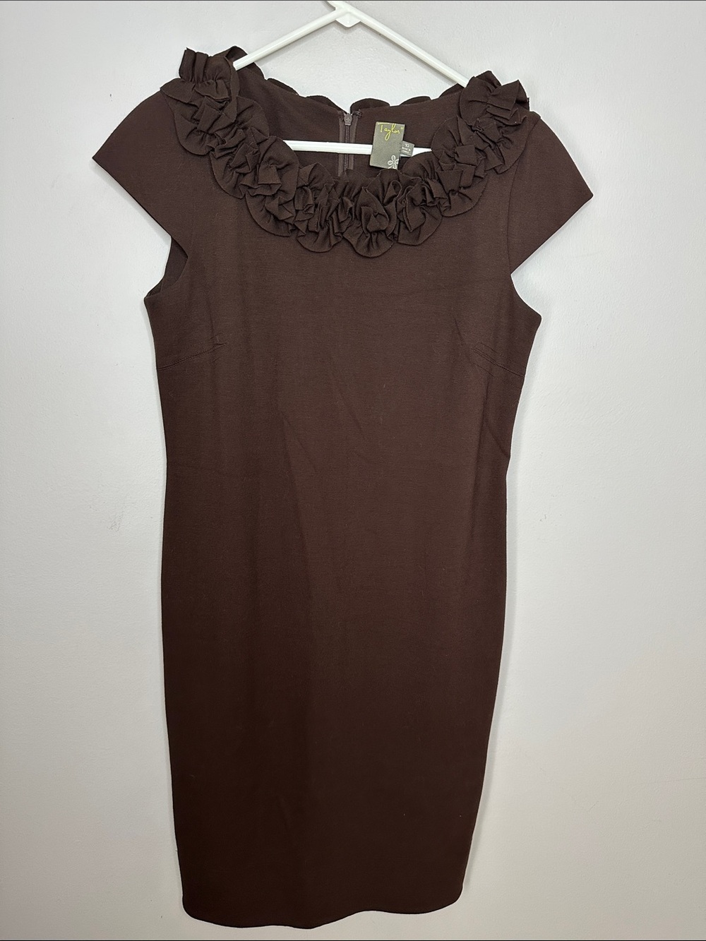 Taylor Chocolate Brown Ruffle Neck Sheath Dress size 10